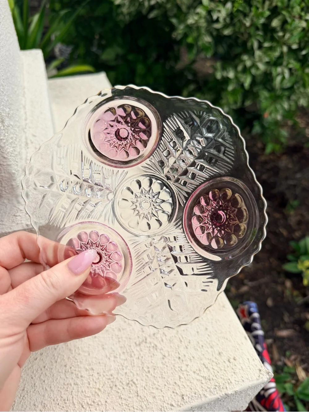 Vintage Hofbauer Byrdes Crystal Footed Cake Plate Pink Bird Medallions Germany